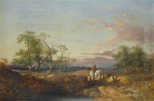 Landscape With Sheep And Drover (+ A Family Group On A Country Lane; Pair) Oil Painting by James Duffield Harding