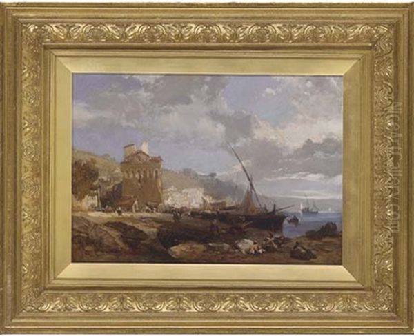 Figures On The Bank Of An Italianate Lake Oil Painting by James Duffield Harding