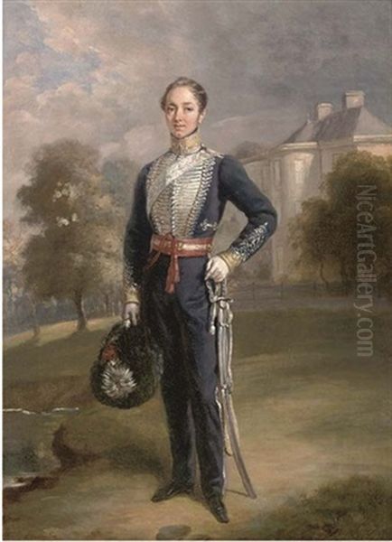 Portrait Of Lieutenant George Ramsay Of Lixmont In The Uniform Of A Scottish Yeomanry Regiment, Before A Country House Oil Painting by Charles-Achille d' Hardiviller