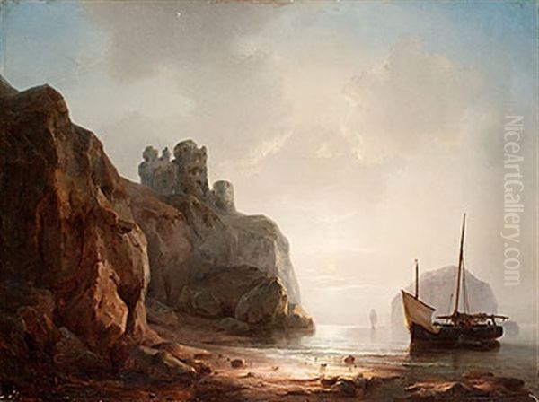 Kustlandskap Med Borgruin Och Skepp Oil Painting by Hermann Rudolf Hardorff the Younger