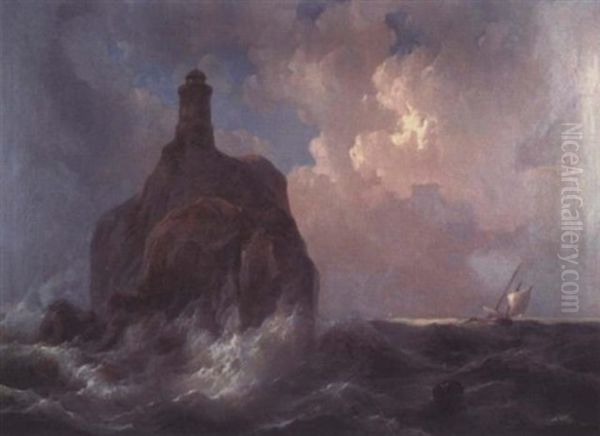 Stormy Seascape With Lighthouse Oil Painting by Hermann Rudolf Hardorff the Younger