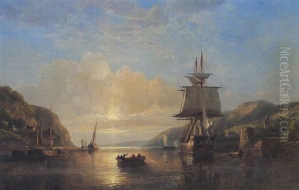 Fluslandschaft Mit Segelschiffen Bei Untergehender Sonne Oil Painting by Hermann Rudolf Hardorff the Younger