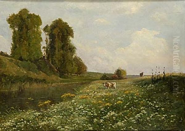 Franskt Flodlandskap Med Boskap Oil Painting by Ernest Alfred Hardouin