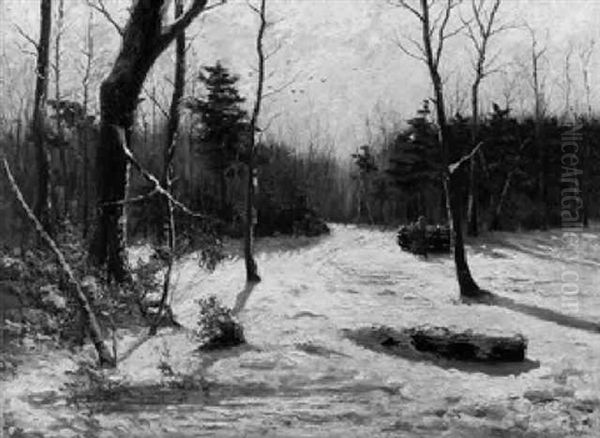 Winter. Verschneiter Waldweg Mit Reisigsammlerin Vor Einem Holzstos by Ernst Hardt