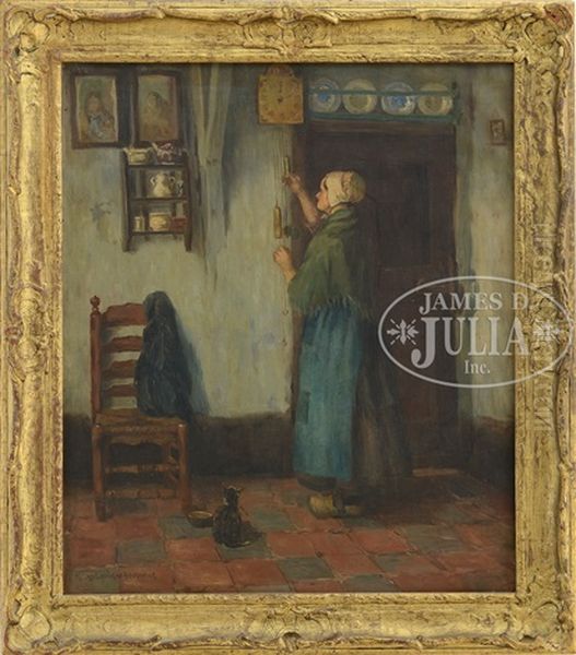 Dutch Woman And Cat In Interior Oil Painting by Melbourne H. Hardwick