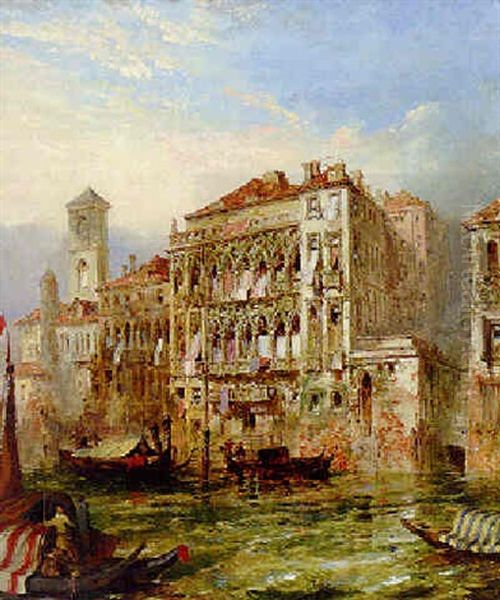 Gondolas On A Venetian Canal Oil Painting by William Noble Hardwick