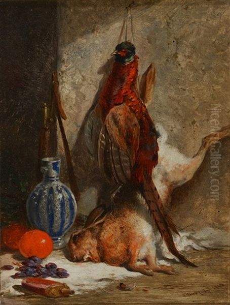 Still Life - A Pheasant, Hare, Stoneware Bottle And Fruit By A Wall Oil Painting by James Hardy Jr.