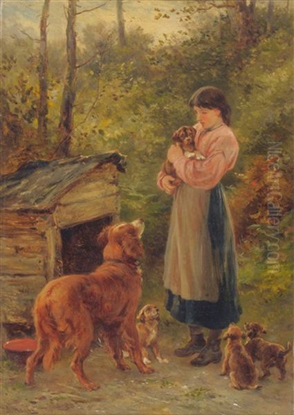 Setter & Puppies Oil Painting by James Hardy Jr.