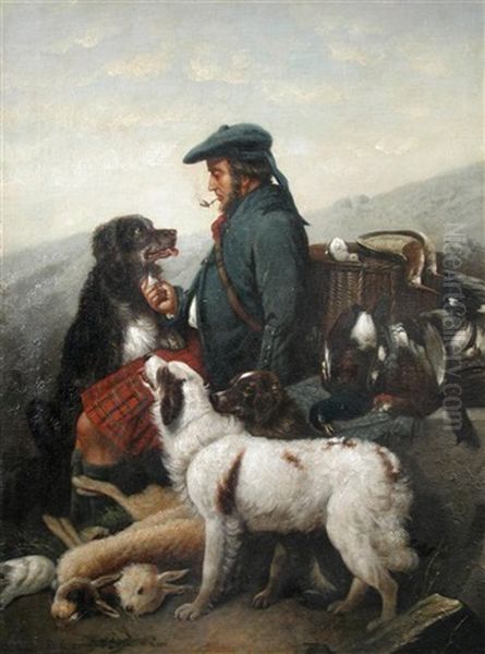 A Scottish Keeper With His Hounds On A Moor, Dead Game In A Basket Beside Them Oil Painting by James Hardy Jr.