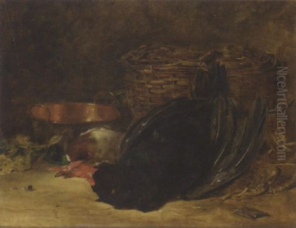 A Turkey, Mallard, Copper Pot And Wicker Basket Oil Painting by James Hardy Jr.