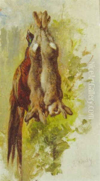 Dead Hares And A Pheasant Hanging Oil Painting by James Hardy Jr.