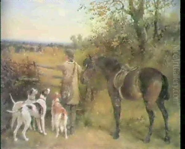 Young Boy With Two Pointers, A Retriever And A Pony By A    Stile Oil Painting by James Hardy Jr.