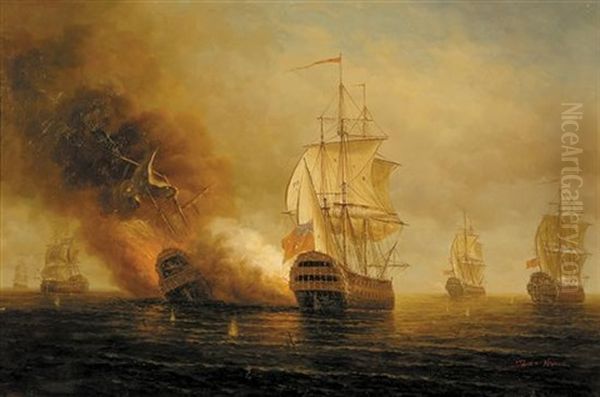 Galleon At Battle Oil Painting by James Hardy Sr.