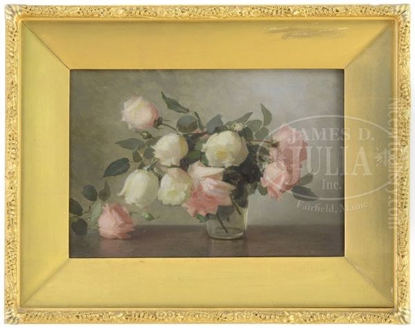 Arrangement Of White And Pink Roses In A Glass Vase Oil Painting by Anna Eliza Hardy