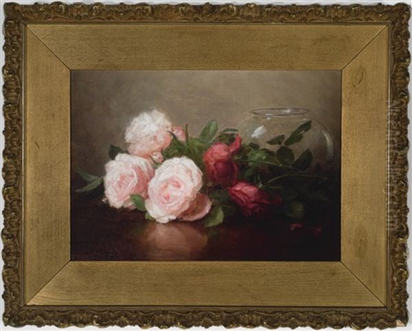 Three Pink Roses, Two Pink Rosebuds, And Two Red Roses Beside A Glass Bowl by Anna Eliza Hardy