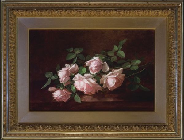 Five Pink Roses In Full Bloom Oil Painting by Anna Eliza Hardy