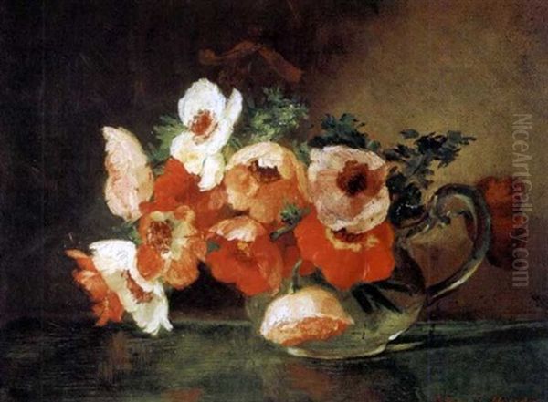 Anemones In A Glass Pitcher Oil Painting by Anna Eliza Hardy