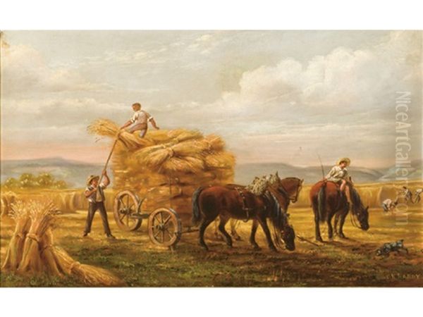 Figures On Hay Carts Oil Painting by Charles Hardy