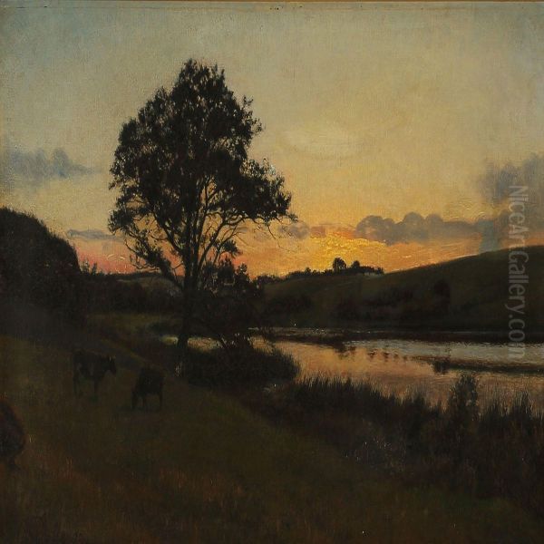 Solnedgang Ved Tadse Molleso Oil Painting by Otto Petersen Balle