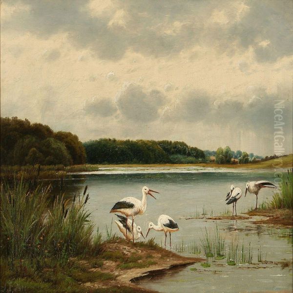 Summer Day With Storksat A Stream, Denmark Oil Painting by Otto Petersen Balle