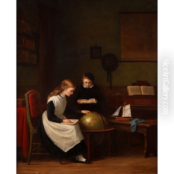 Two Children Studying With A Globe And Piano Oil Painting by Frederick Daniel Hardy