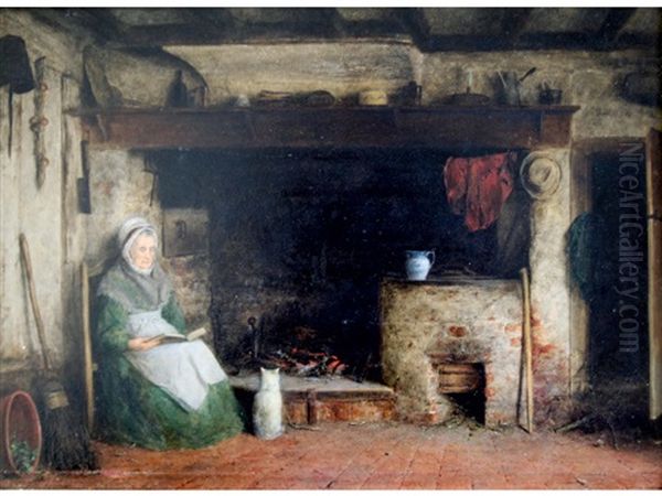 Old Lady Reading By A Fire Oil Painting by Frederick Daniel Hardy