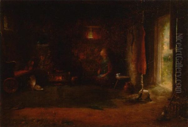 A Cottage Interior With A Girl Seated By The Fire Oil Painting by Frederick Daniel Hardy