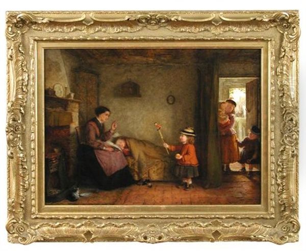 A Small Girl In Red Trying To Cheer Her Sick Sister With A Puppet Oil Painting by George Hardy