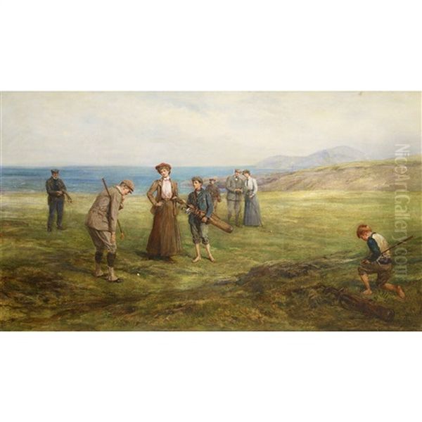 Lord Wemyss Of Elcho Golfing At North Berwick, The Island Of Craigleith In The Distance Oil Painting by Heywood Hardy