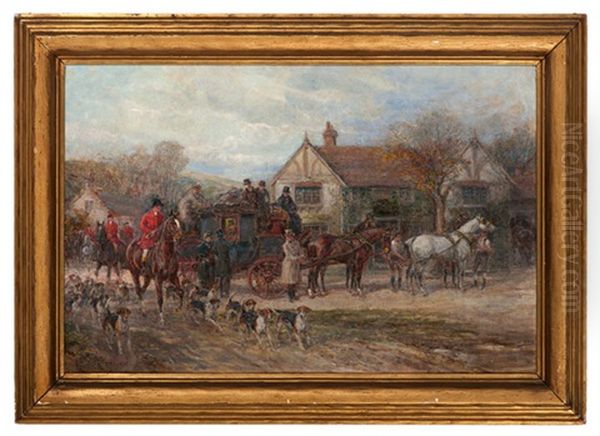 Village Scene With Carriage And Dogs Oil Painting by Heywood Hardy