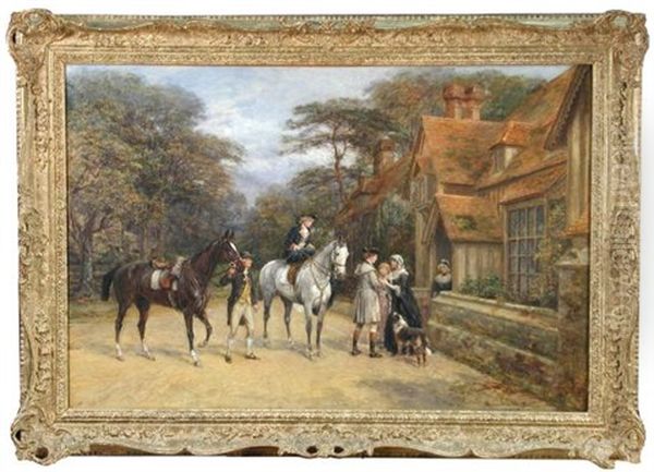 A Lady Side-saddle On A Grey Horse, A Groom Holding A Dark Bay, A Gentleman Greeting A Lady Outside A Country House Oil Painting by Heywood Hardy