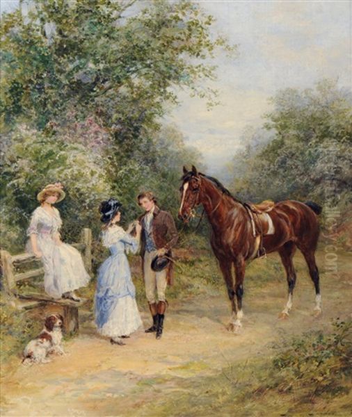 A Dismounted Gentleman With Ladies At A Country Stile; A Gentleman And His Horse At A Cottage Door (2 Works) Oil Painting by Heywood Hardy