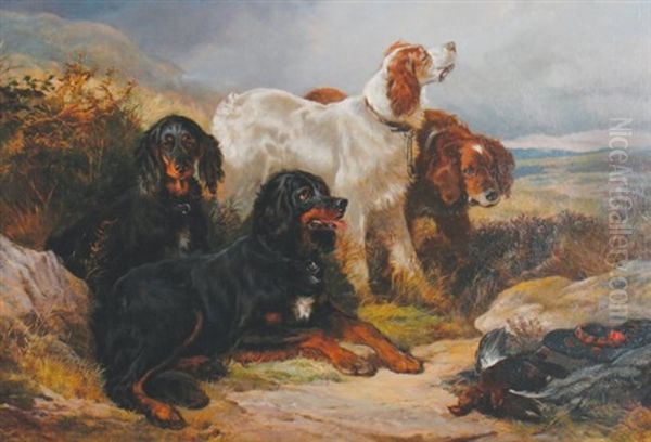 Waiting Hunting Dogs In A Landscape Oil Painting by Heywood Hardy