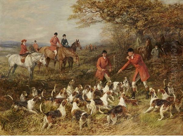 Hunters And Hounds Oil Painting by Heywood Hardy