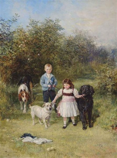 A Boy And Girl With Their Pets In A Garden Oil Painting by Heywood Hardy