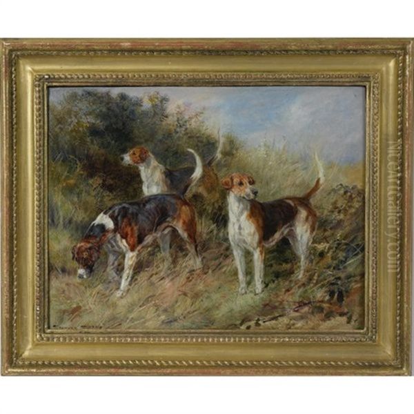 Dandy, Nigel, And Sapphire, North Shropshire Foxhouds (+ Sketch Identifying The Dogs; Verso) Oil Painting by Heywood Hardy