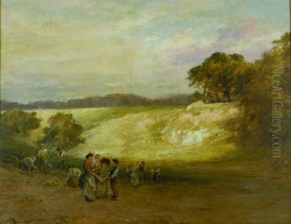 Sunlit Landscape With Peasants Gathering Vegetables Oil Painting by Heywood Hardy