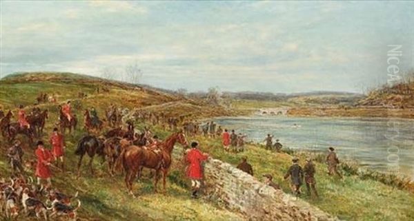 An Indicent With The Quorn Houds At The Asser Drybrook Reservoir On March 29th 1910. The Fox Having Been Killed In The Middle Of The Reservoir. A Foot Person Swam Out, Dived And Brought Him Up. Oil Painting by Heywood Hardy