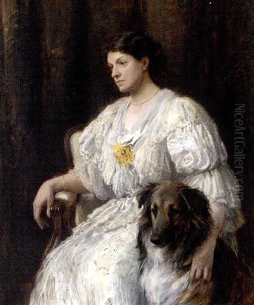 Portrait Of A Lady In A White Dress, A Collie By Her Side Oil Painting by Heywood Hardy