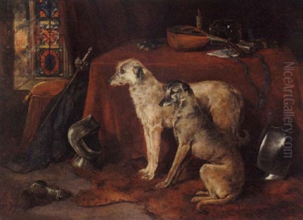 Deerhounds In An Interior Oil Painting by Heywood Hardy