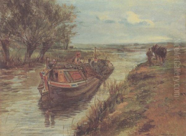 Barge On The Upper Thames Oil Painting by Heywood Hardy