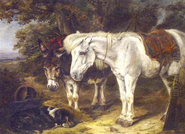 A Pony, A Donkey And A Dog Resting Beneath A Tree Oil Painting by Heywood Hardy