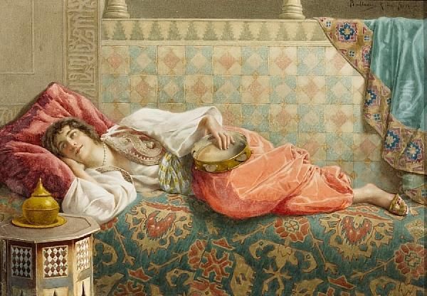 An Oriental Beauty At Rest Oil Painting by Federico Ballesio