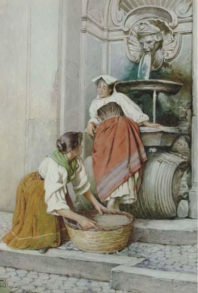 Women Washing By A Roman Fountain Oil Painting by Federico Ballesio