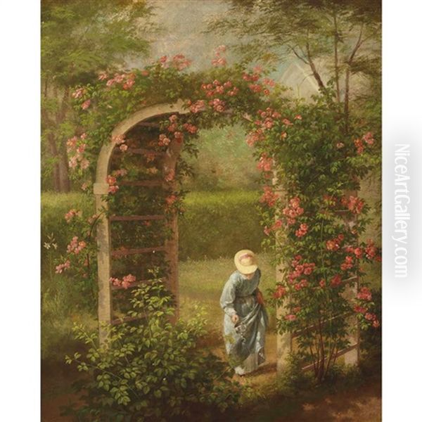 Watering Roses (the Garden Of The Hardy Family, Bangor Maine) Oil Painting by Jeremiah P. Hardy