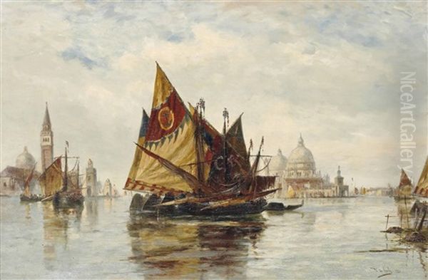 Bragozzi On The Venetian Lagoon With Santa Maria Della Salute Observed Beyond Oil Painting by Thomas Bush Hardy