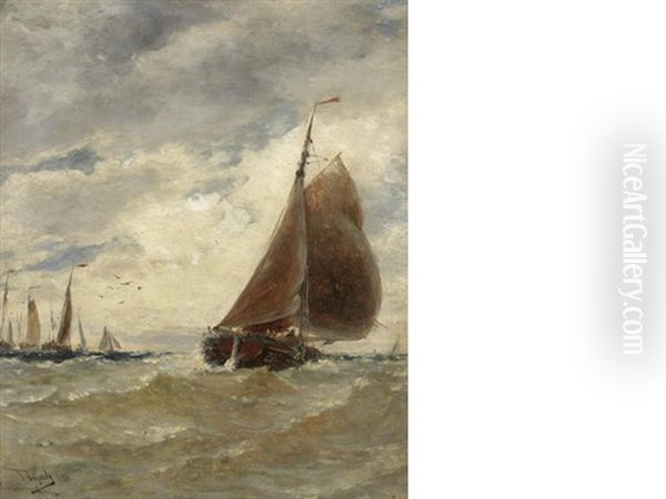 Barges On Choppy Waters Off Scheveningen Oil Painting by Thomas Bush Hardy