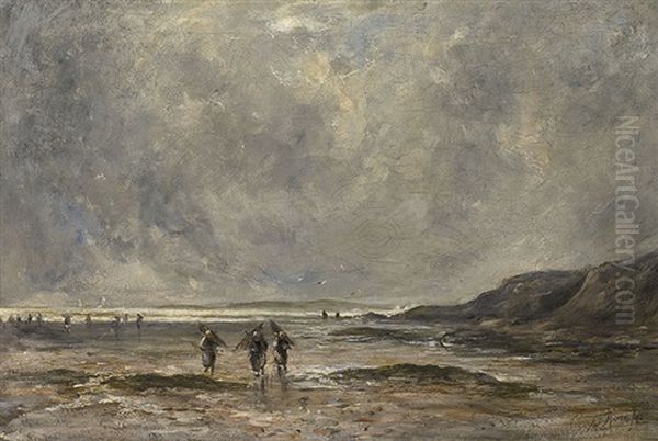 Coastal Landscape With Shrimp Fishers Oil Painting by Thomas Bush Hardy