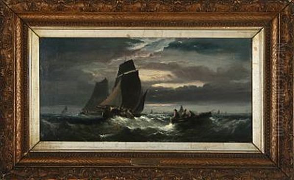 Seascape With Sailing Ships In The Evening Oil Painting by Thomas Bush Hardy