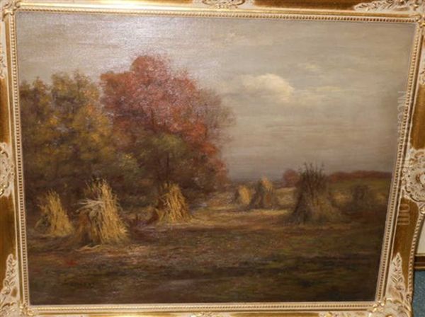 Haystacks In Autumn Oil Painting by William F. Hardy